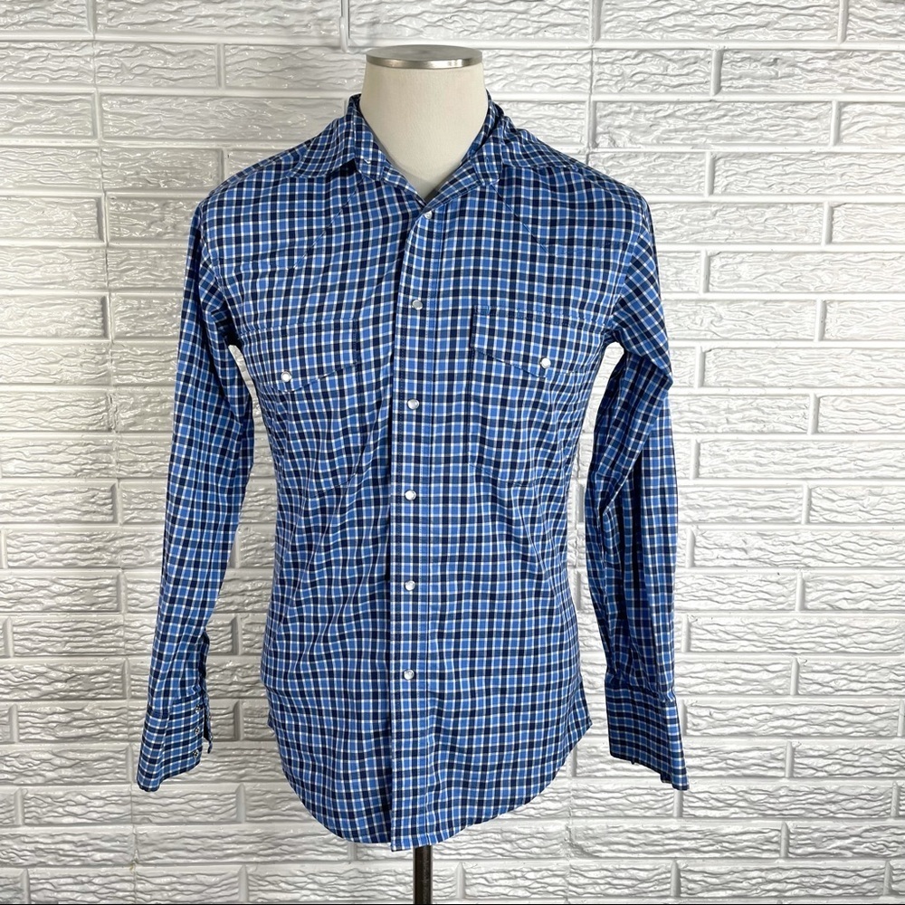 Wrangler Mens Blue Plaid Pearl Snap Button Up Shirt Size Small